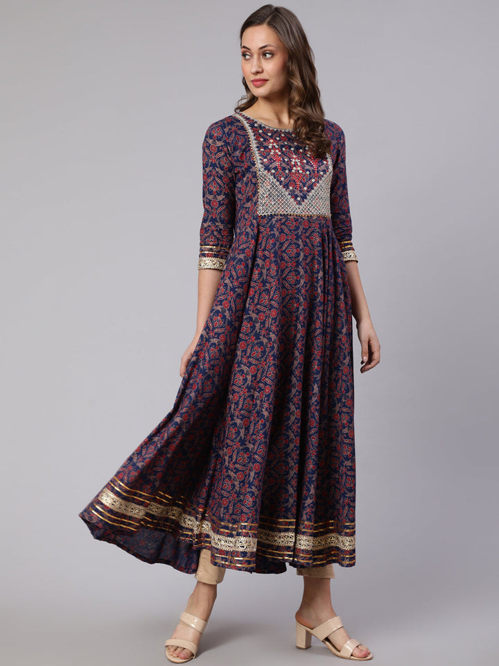 Embroidery Designer Cotton Calf Length Flared 3/4 Sleeve Round Neck Kurta