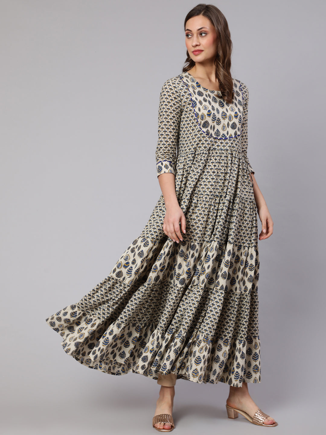 Cotton Printed Ankle Length Flared 3/4 Sleeve Round Neck Kurta
