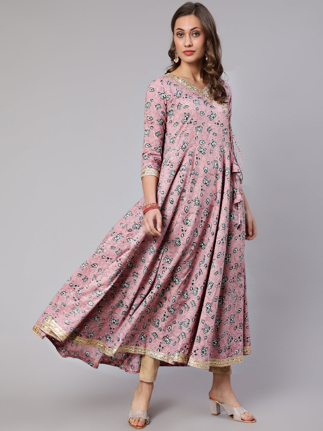 Cotton Printed Ankle Length Angrakha 3/4 Sleeve V Neck Kurta