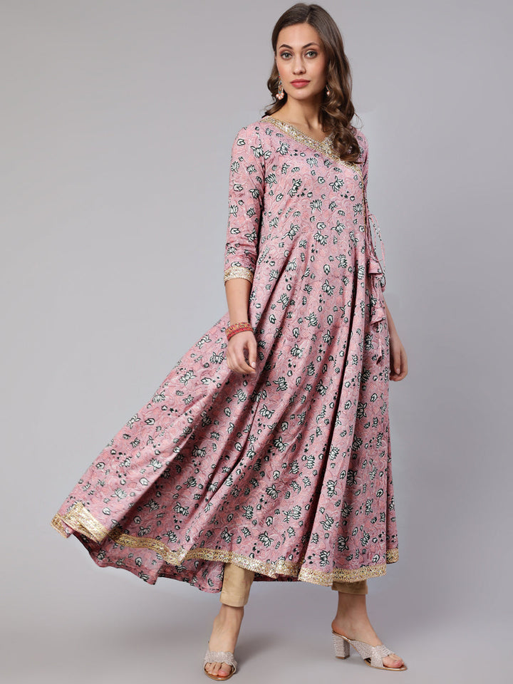 Cotton Printed Ankle Length Angrakha 3/4 Sleeve V Neck Kurta
