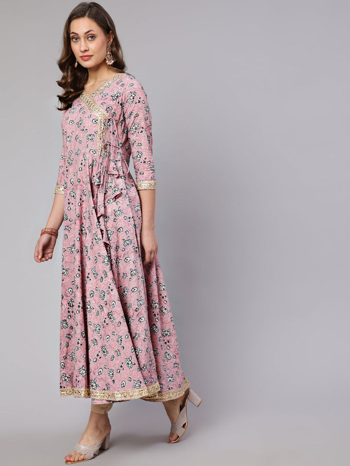 Cotton Printed Ankle Length Angrakha 3/4 Sleeve V Neck Kurta