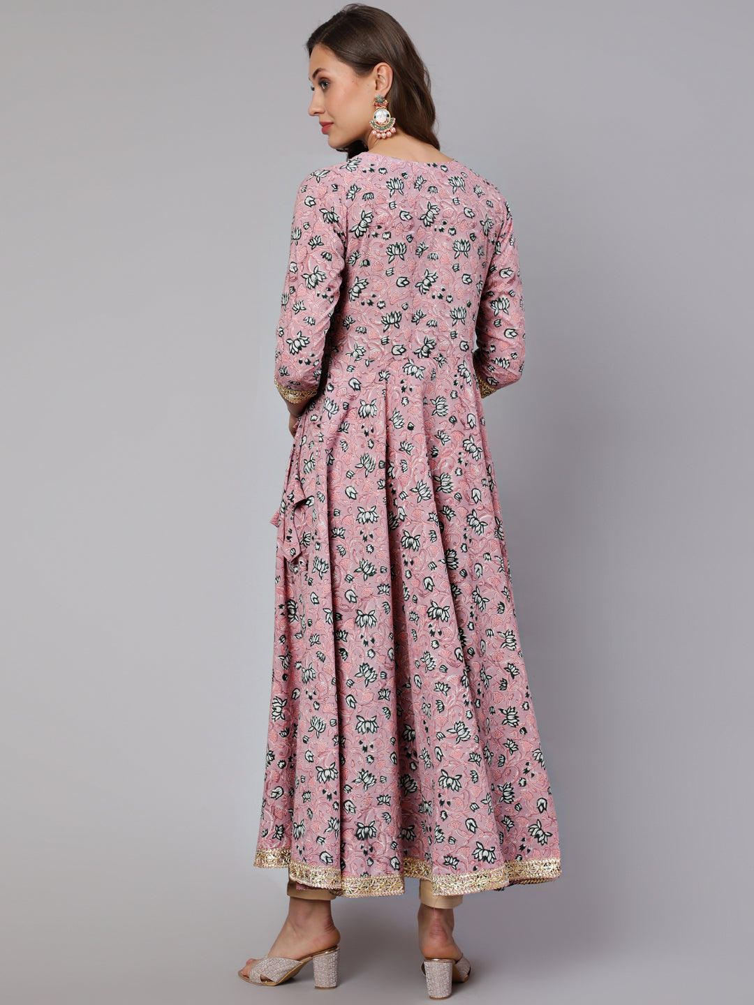 Cotton Printed Ankle Length Angrakha 3/4 Sleeve V Neck Kurta