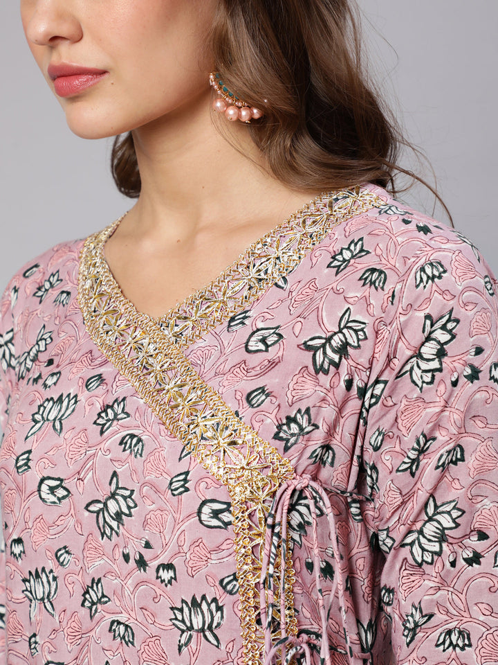 Cotton Printed Ankle Length Angrakha 3/4 Sleeve V Neck Kurta