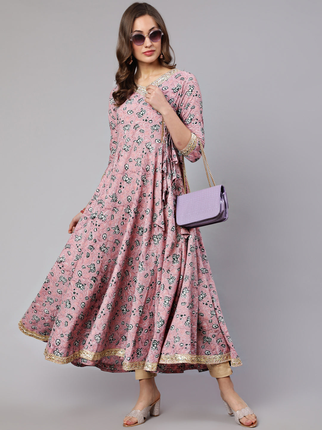 Cotton Printed Ankle Length Angrakha 3/4 Sleeve V Neck Kurta