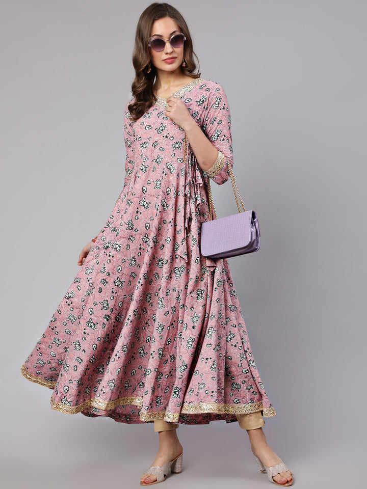 Cotton Printed Ankle Length Angrakha 3/4 Sleeve V Neck Kurta