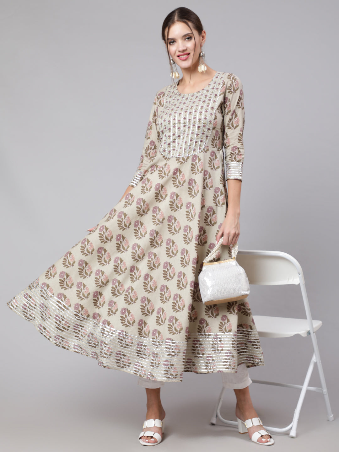 Cotton Printed Round Neck 3/4 Sleeve Anarkali Ankle Length Ethnic Kurta