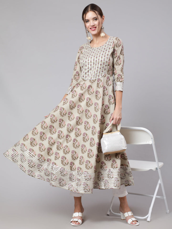 Cotton Printed Round Neck 3/4 Sleeve Anarkali Ankle Length Ethnic Kurta