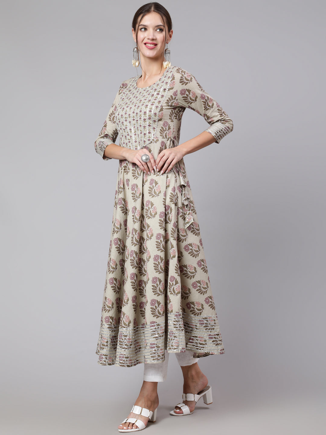 Cotton Printed Round Neck 3/4 Sleeve Anarkali Ankle Length Ethnic Kurta