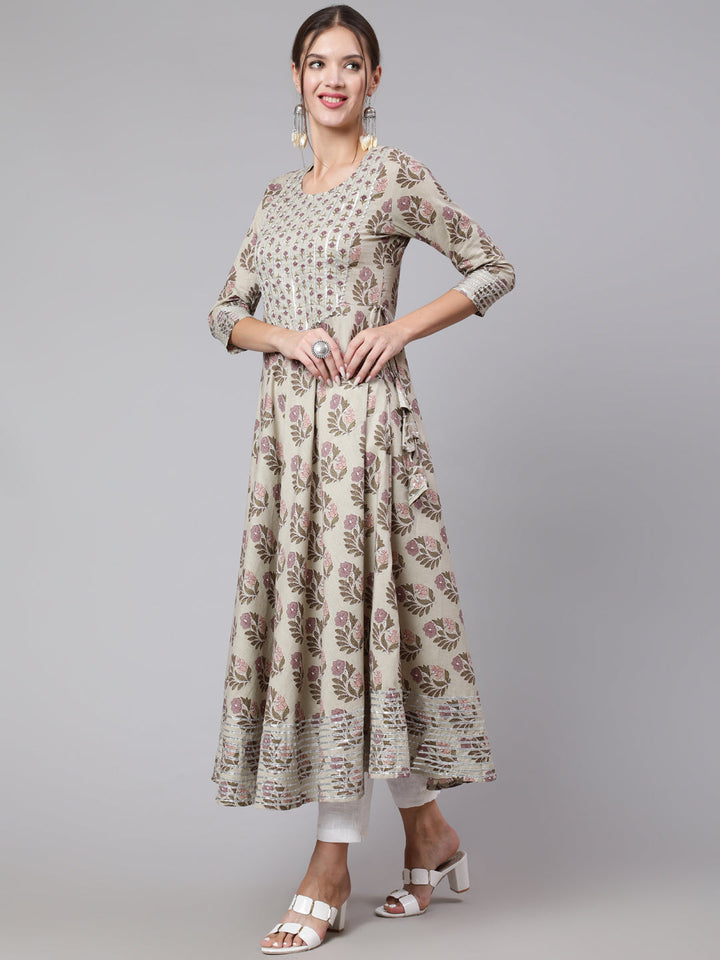 Cotton Printed Round Neck 3/4 Sleeve Anarkali Ankle Length Ethnic Kurta