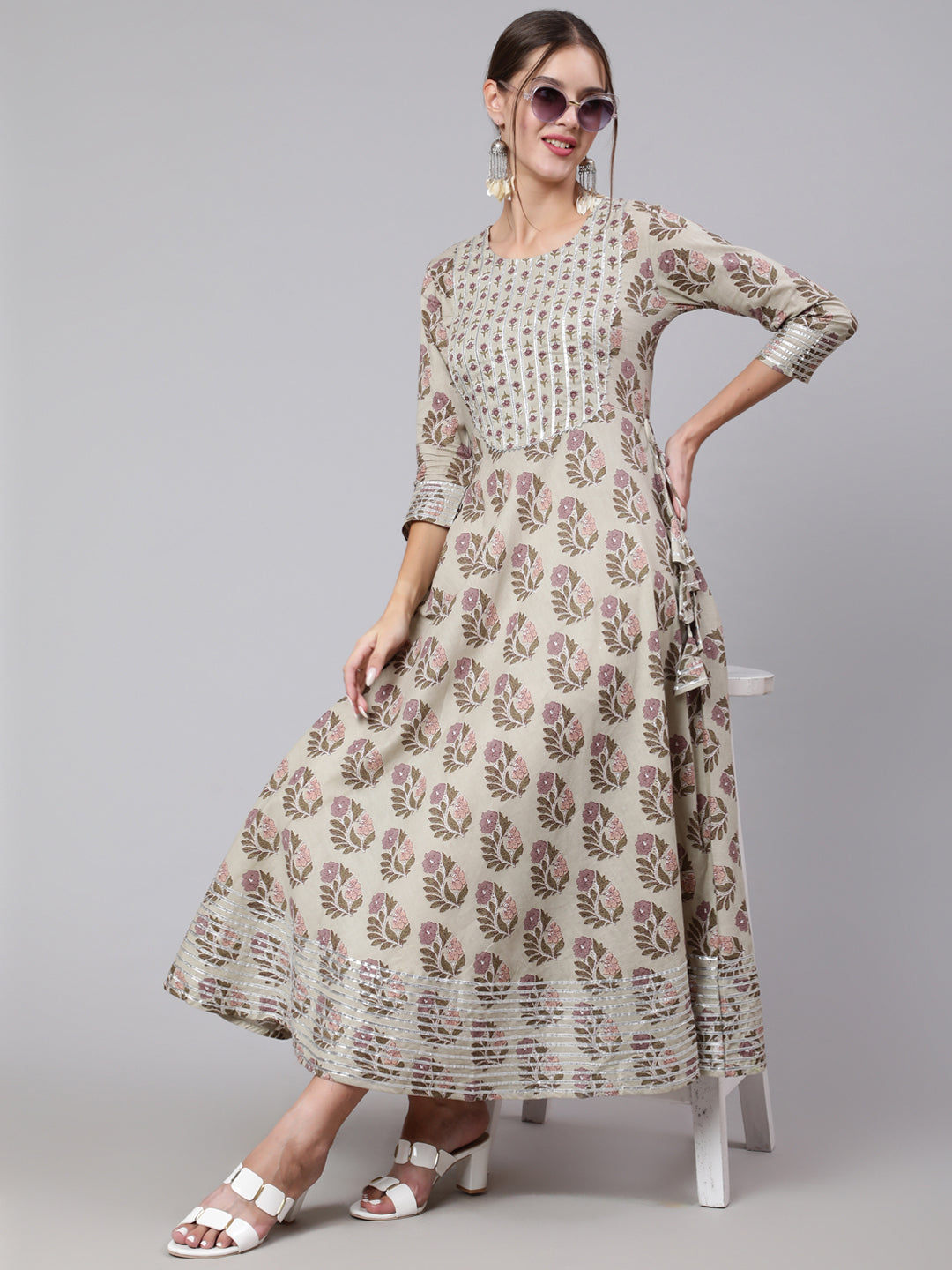 Cotton Printed Round Neck 3/4 Sleeve Anarkali Ankle Length Ethnic Kurta