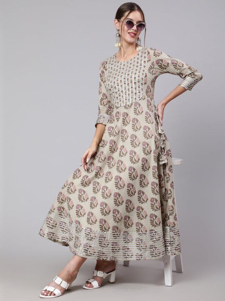 Cotton Printed Round Neck 3/4 Sleeve Anarkali Ankle Length Ethnic Kurta