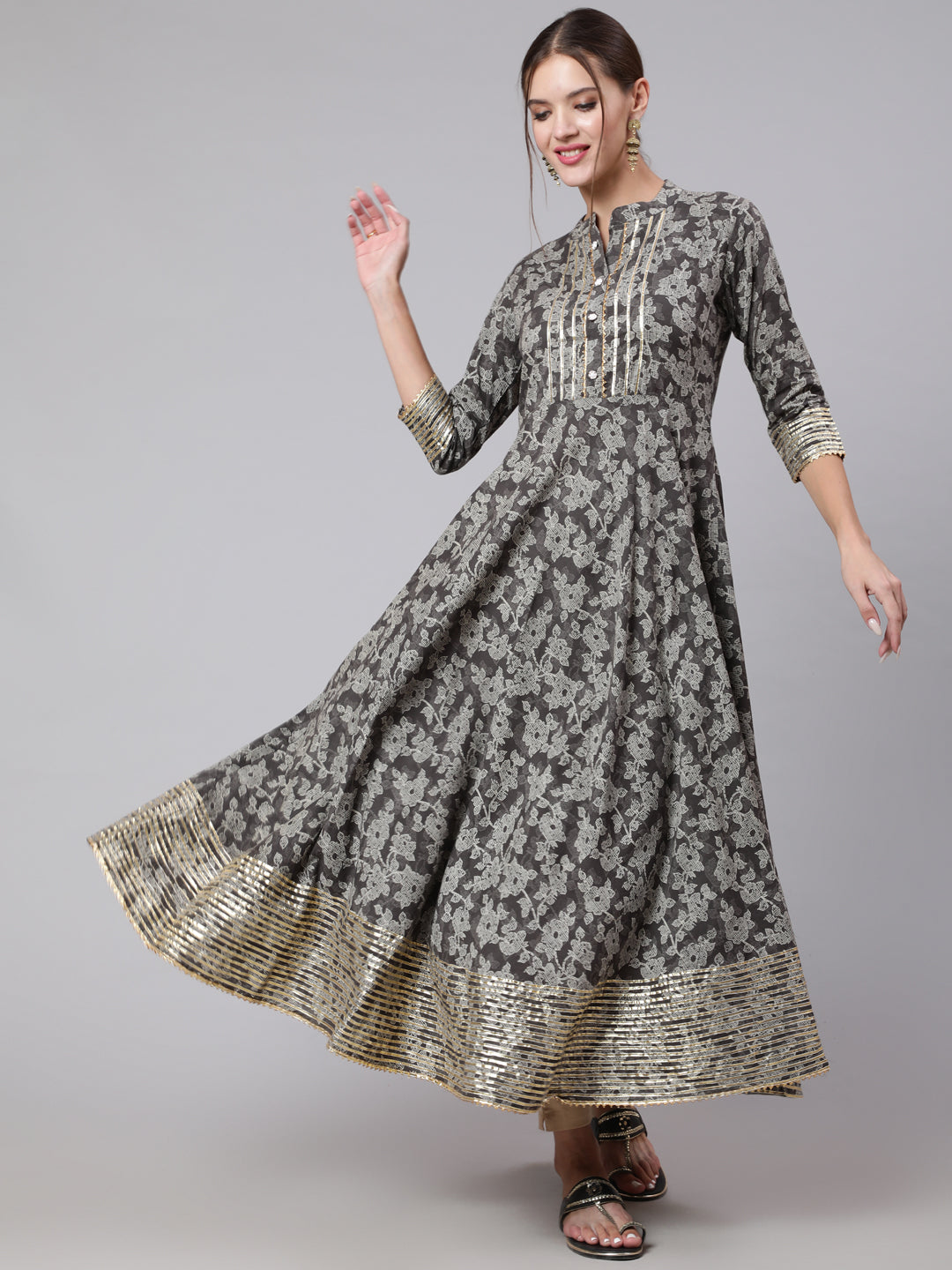Cotton Printed Ankle Length Anarkali 3/4 Sleeve Mandarin Neck Kurta
