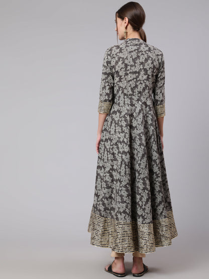 Cotton Printed Ankle Length Anarkali 3/4 Sleeve Mandarin Neck Kurta