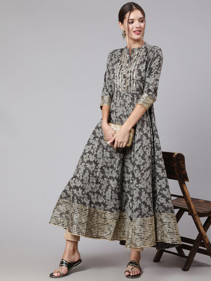 Cotton Printed Ankle Length Anarkali 3/4 Sleeve Mandarin Neck Kurta