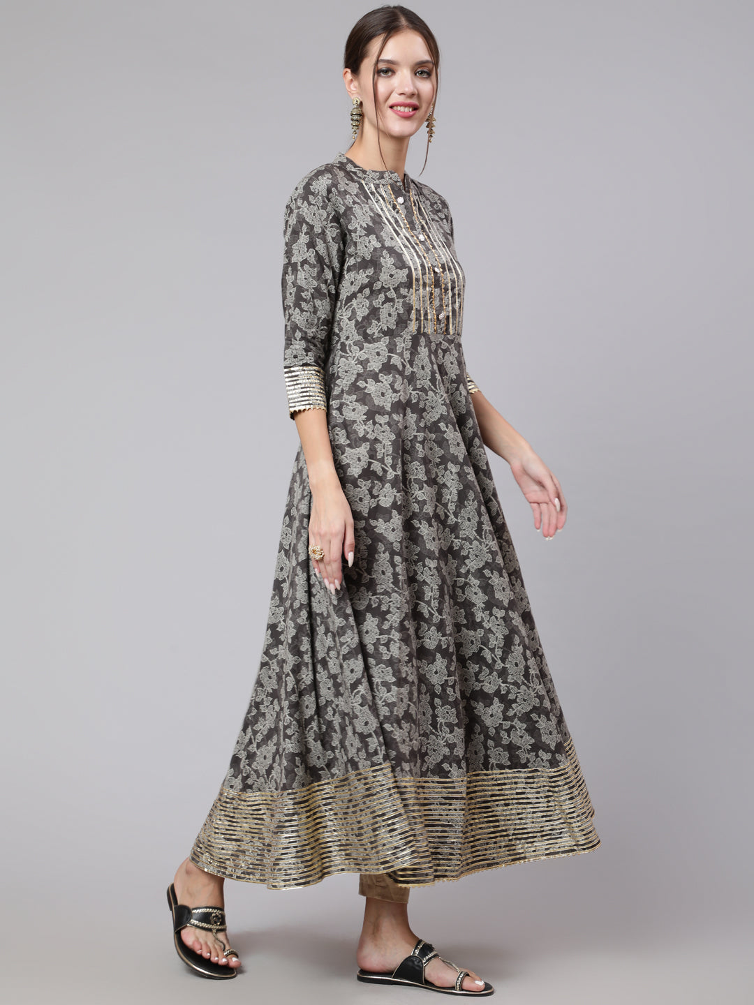 Cotton Printed Ankle Length Anarkali 3/4 Sleeve Mandarin Neck Kurta