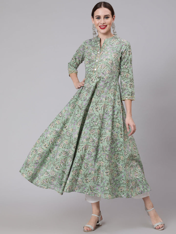 Cotton Printed Mandarin Neck 3/4 Sleeve Anarkali Ankle Length Ethnic Kurta