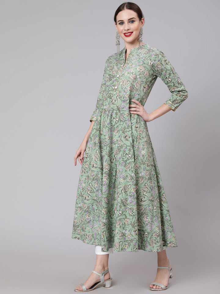 Cotton Printed Mandarin Neck 3/4 Sleeve Anarkali Ankle Length Ethnic Kurta