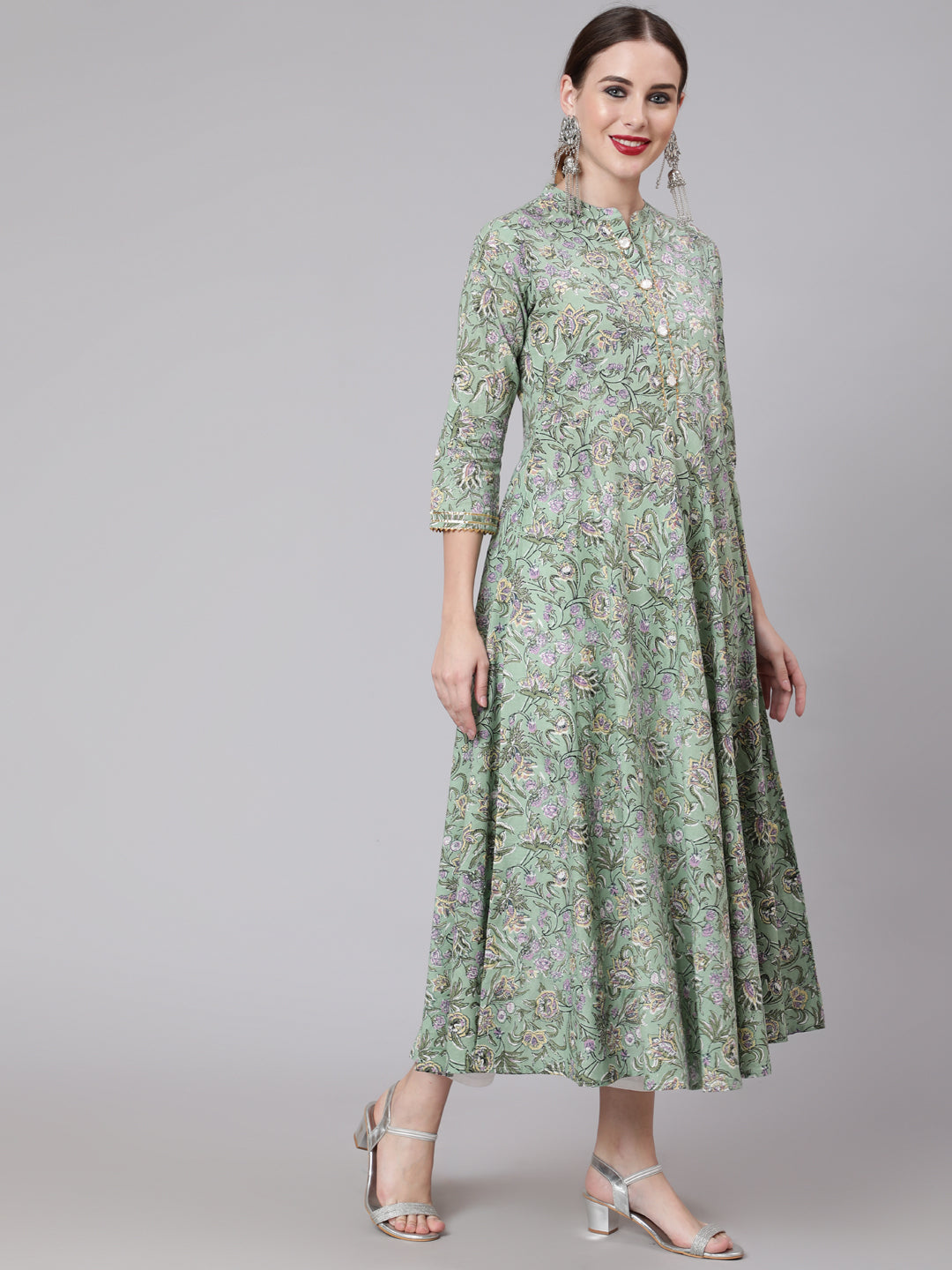 Cotton Printed Mandarin Neck 3/4 Sleeve Anarkali Ankle Length Ethnic Kurta