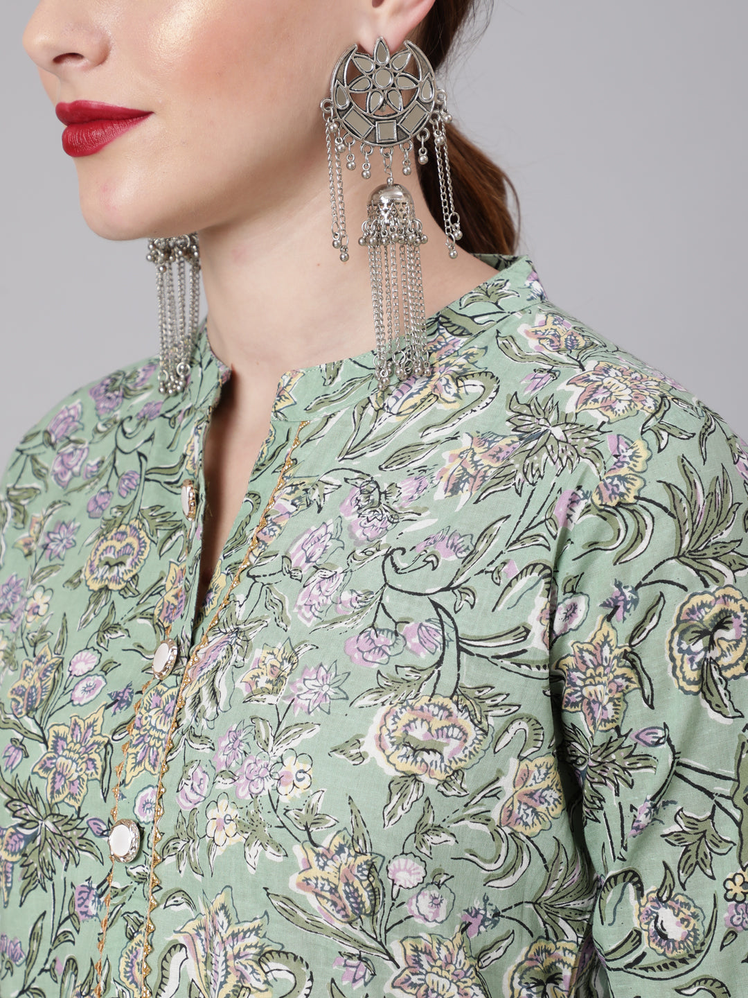 Cotton Printed Mandarin Neck 3/4 Sleeve Anarkali Ankle Length Ethnic Kurta
