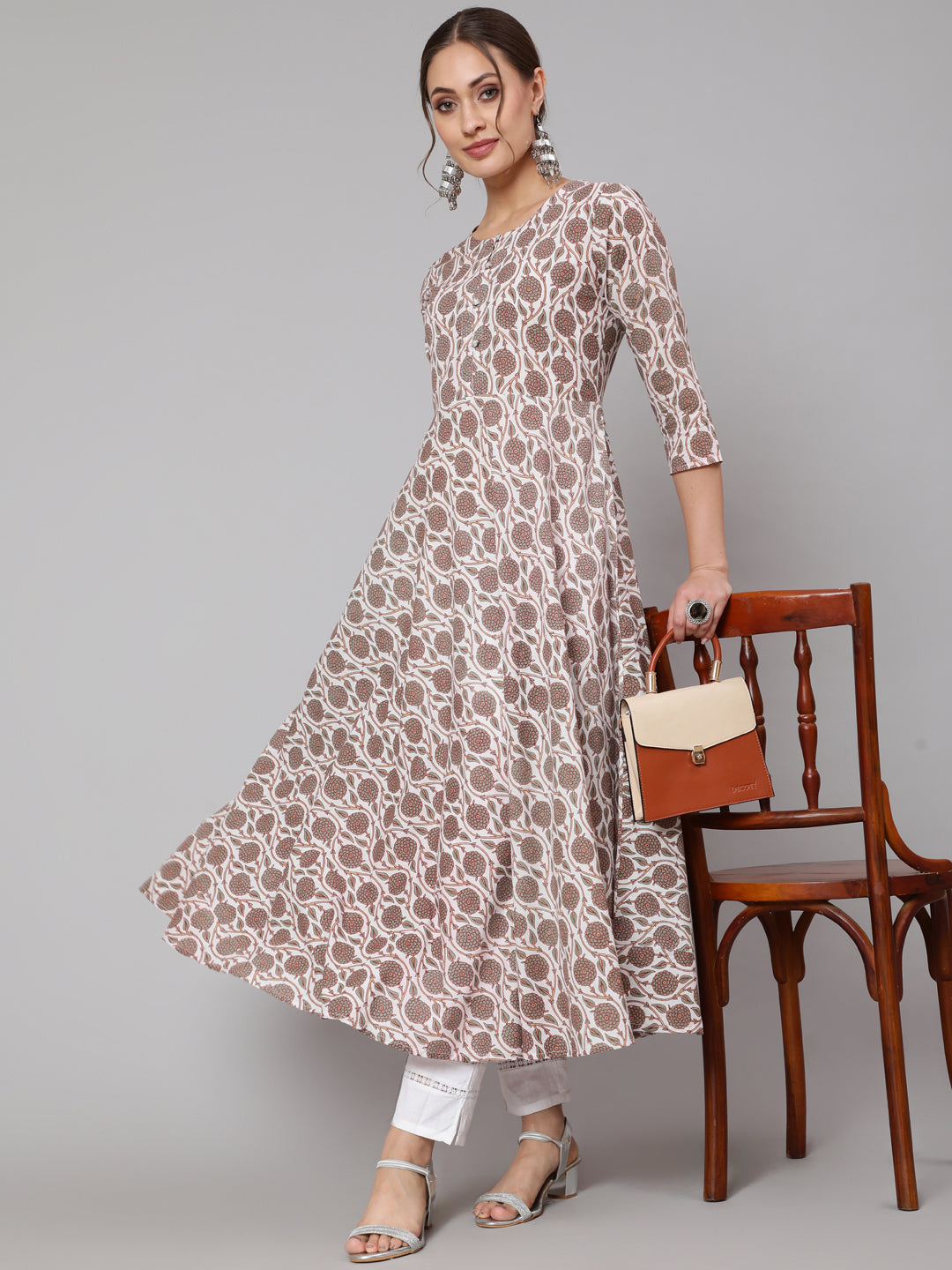 Cotton Printed Round Neck 3/4 Sleeve Anarkali Ankle Length Ethnic Kurta