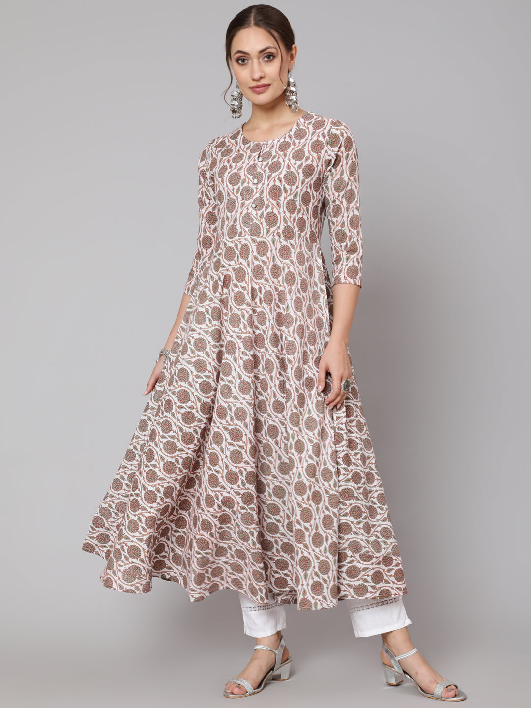 Cotton Printed Round Neck 3/4 Sleeve Anarkali Ankle Length Ethnic Kurta