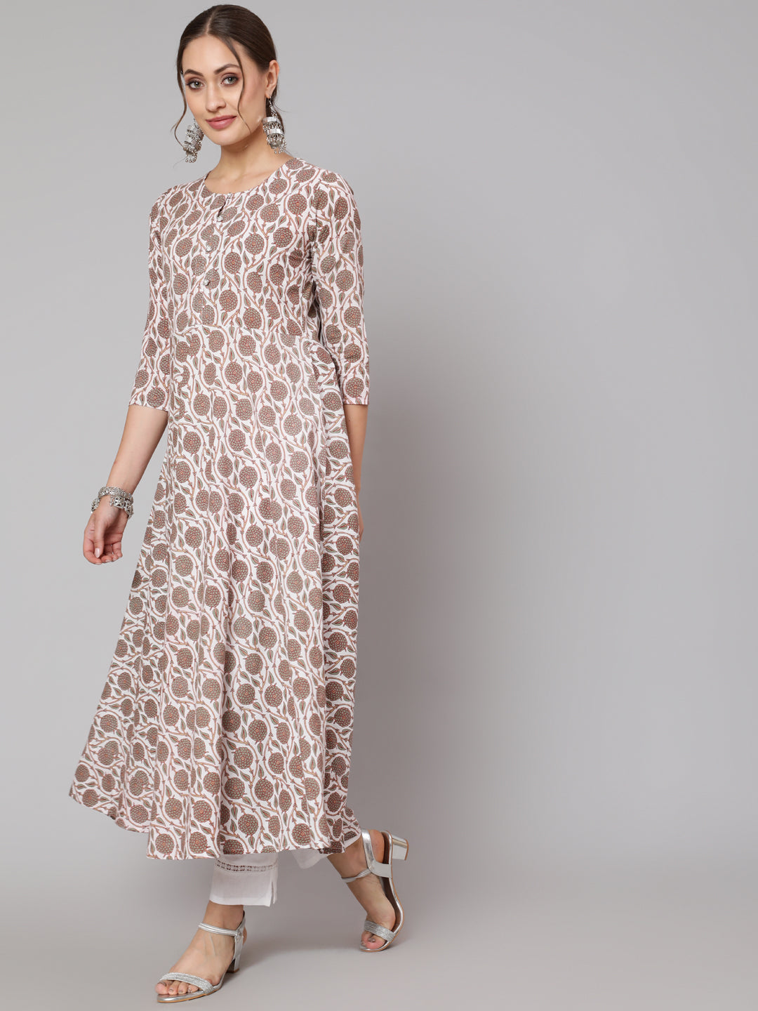 Cotton Printed Round Neck 3/4 Sleeve Anarkali Ankle Length Ethnic Kurta