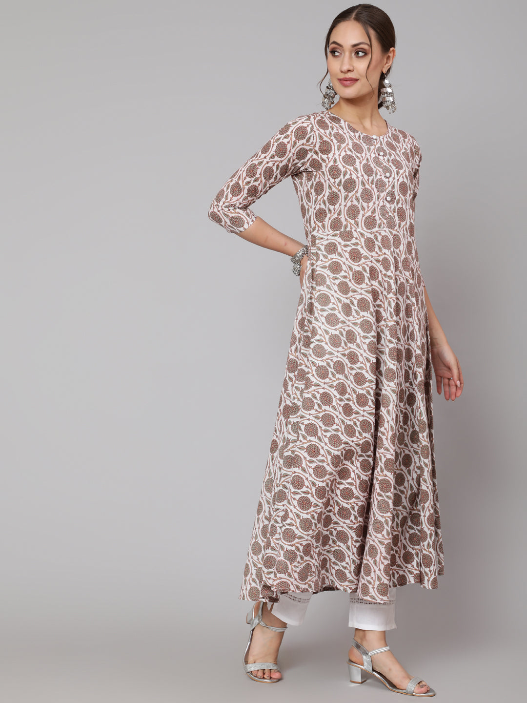 Cotton Printed Round Neck 3/4 Sleeve Anarkali Ankle Length Ethnic Kurta