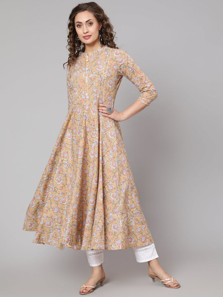 Cotton Printed Mandarin Neck 3/4 Sleeve Anarkali Ankle Length Ethnic Kurta