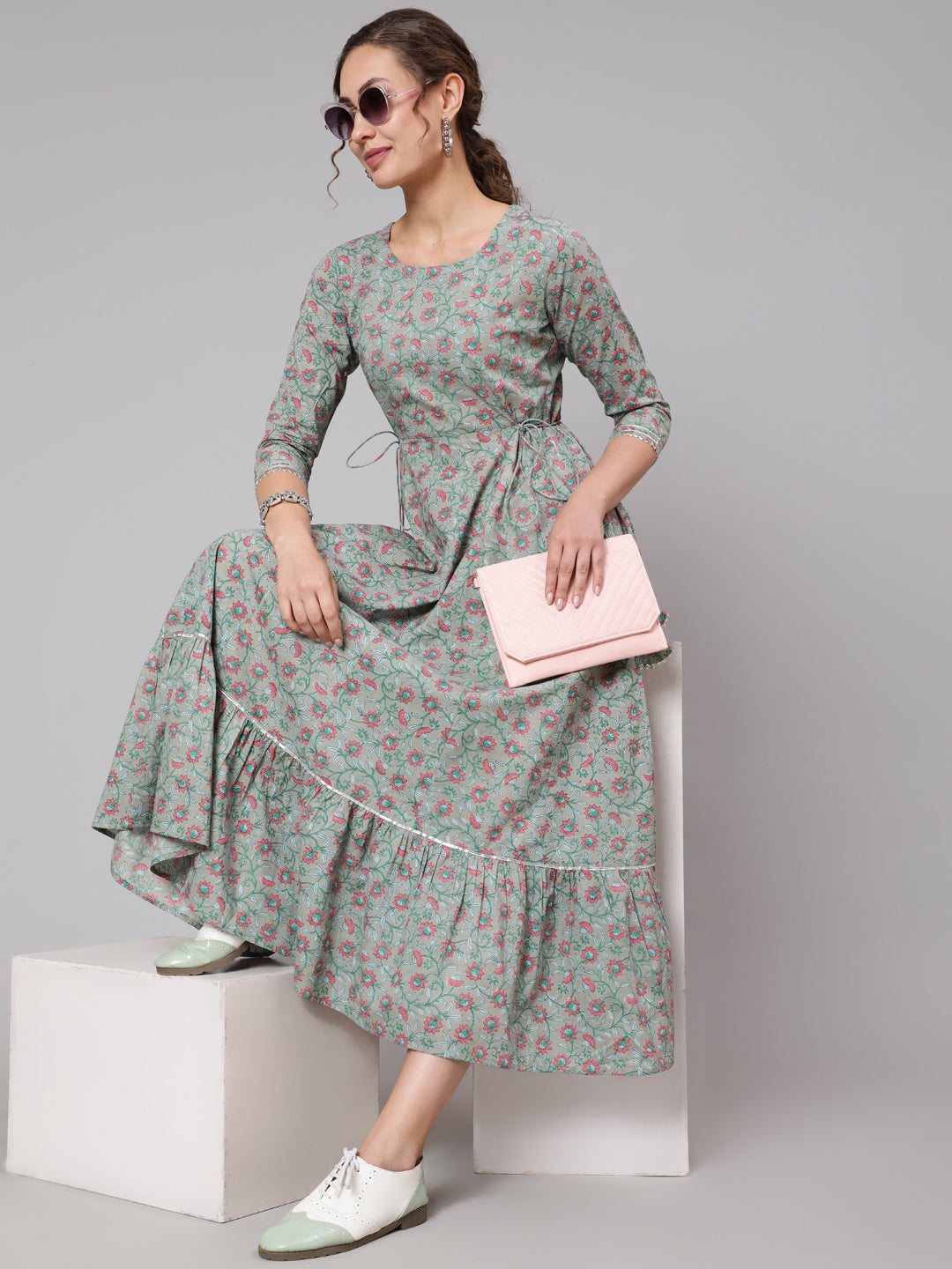 Cotton Printed Round Neck 3/4 Sleeve Flared Ankle Length Ethnic Kurta