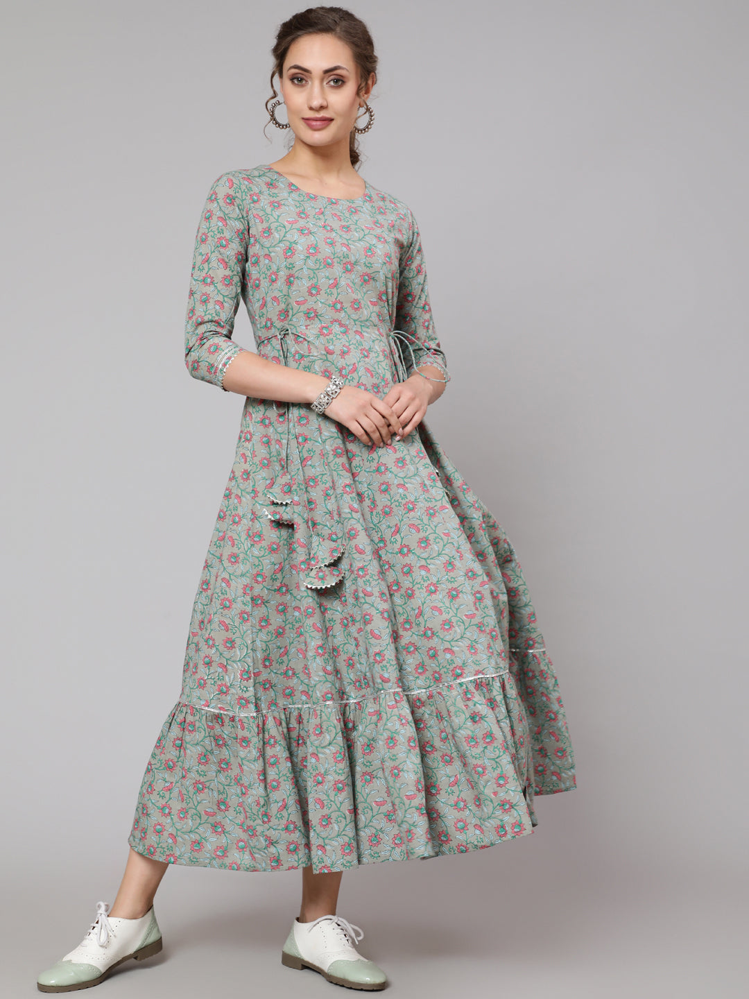 Cotton Printed Round Neck 3/4 Sleeve Flared Ankle Length Ethnic Kurta