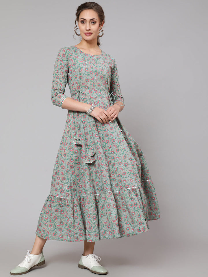 Cotton Printed Round Neck 3/4 Sleeve Flared Ankle Length Ethnic Kurta