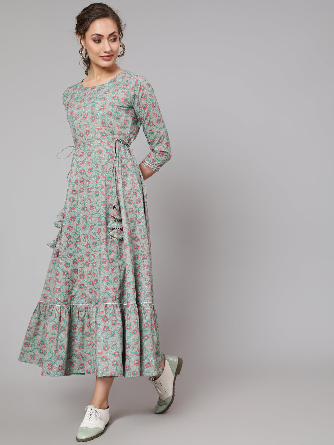 Cotton Printed Round Neck 3/4 Sleeve Flared Ankle Length Ethnic Kurta