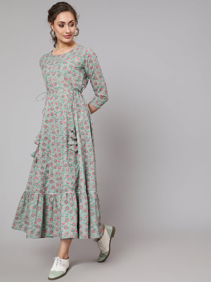 Cotton Printed Round Neck 3/4 Sleeve Flared Ankle Length Ethnic Kurta