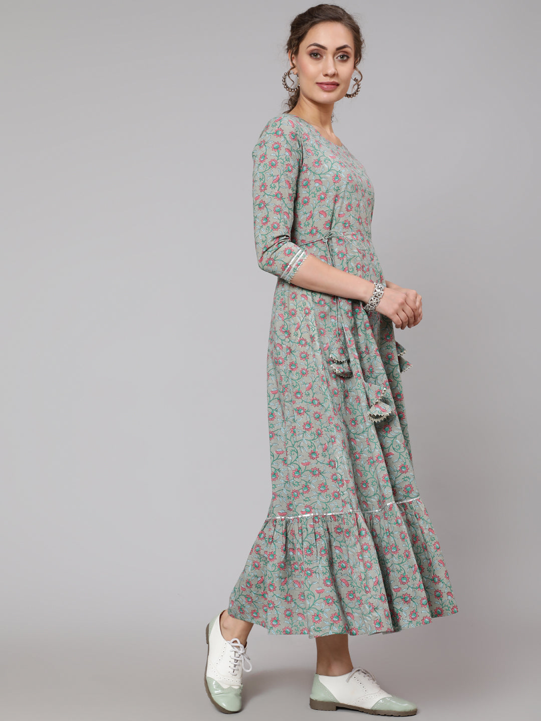 Cotton Printed Round Neck 3/4 Sleeve Flared Ankle Length Ethnic Kurta