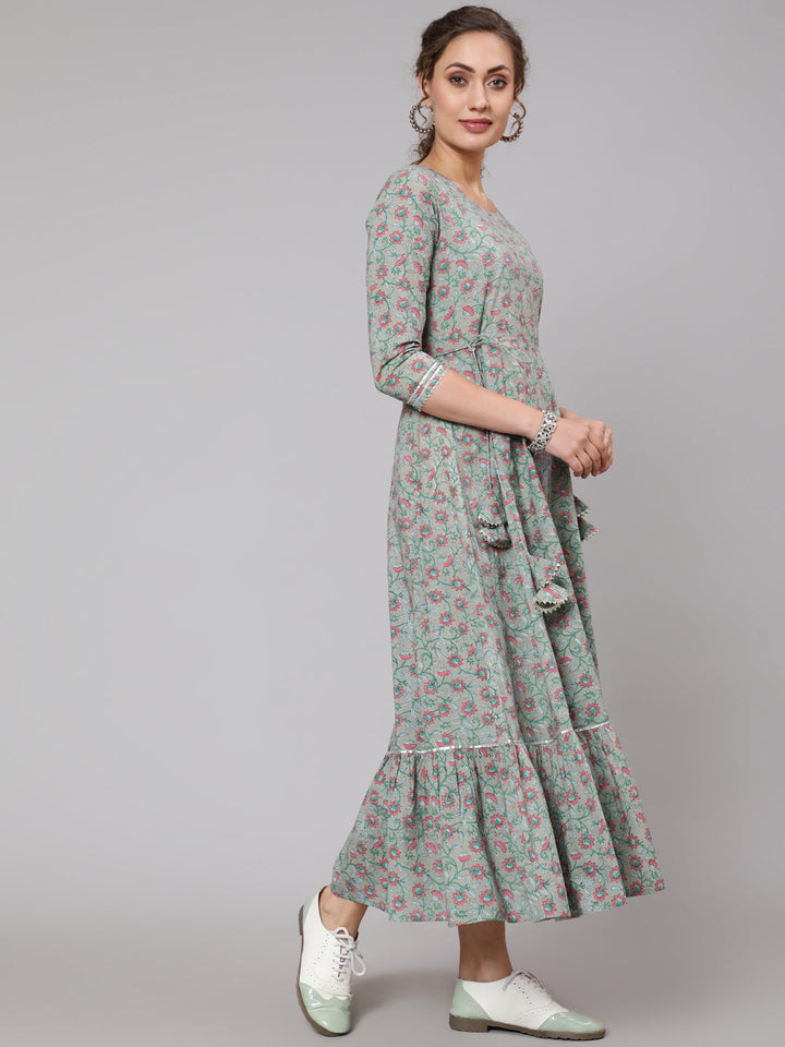 Cotton Printed Round Neck 3/4 Sleeve Flared Ankle Length Ethnic Kurta