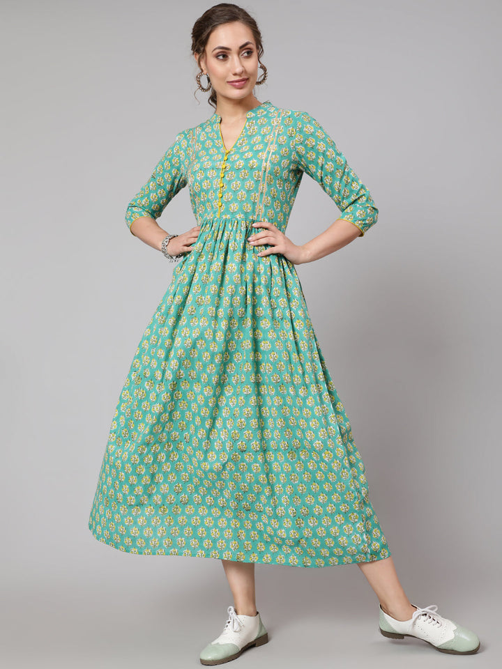 Cotton Printed Round Neck 3/4 Sleeve Flared Ankle Length Ethnic Kurta