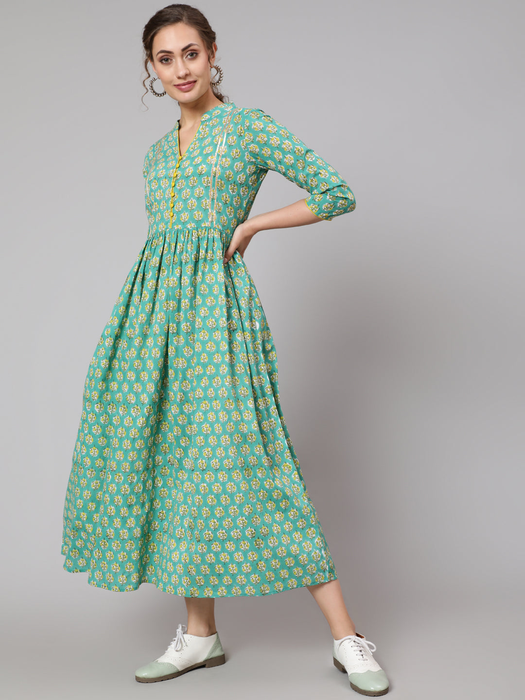 Cotton Printed Round Neck 3/4 Sleeve Flared Ankle Length Ethnic Kurta