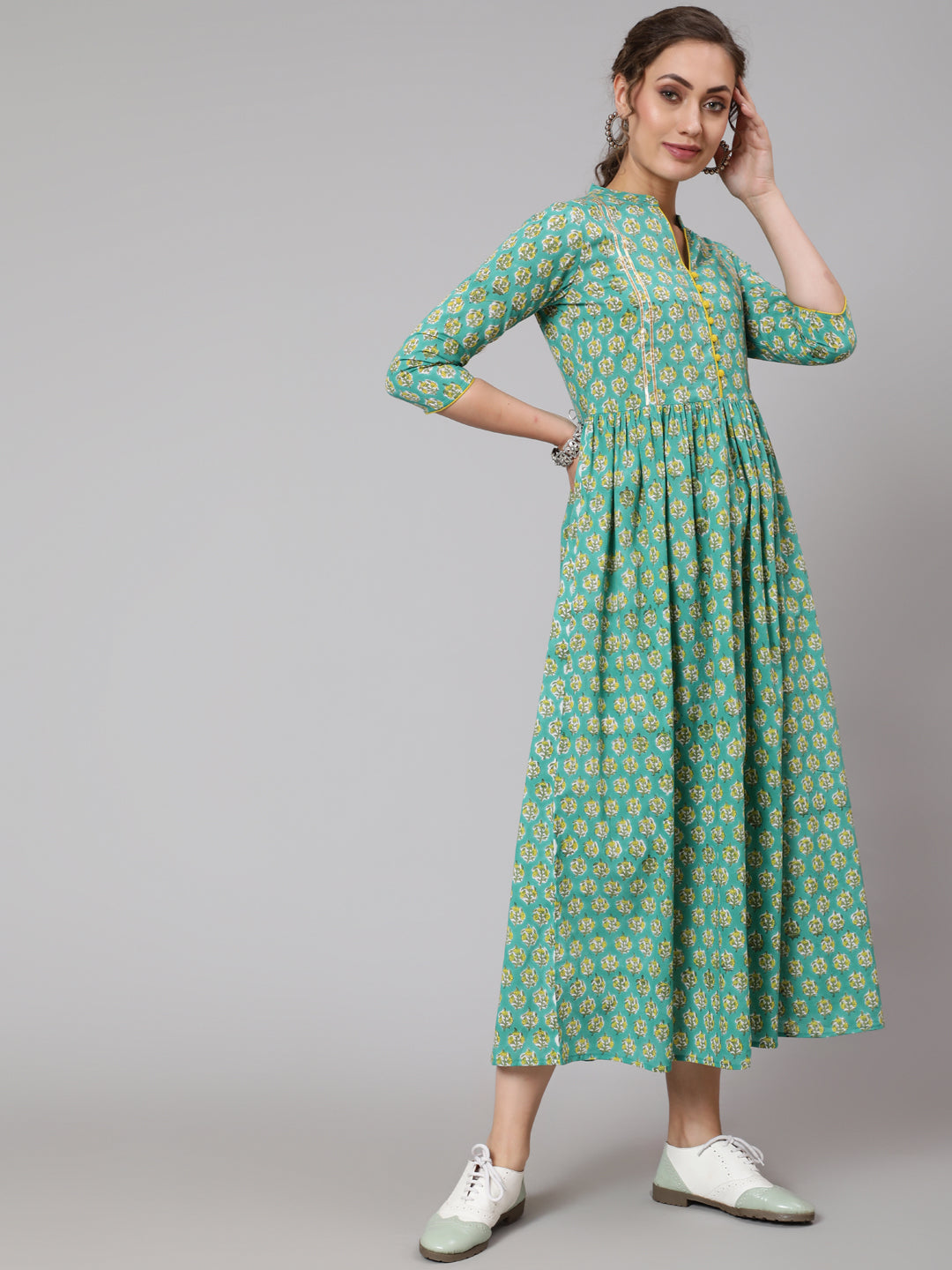 Cotton Printed Round Neck 3/4 Sleeve Flared Ankle Length Ethnic Kurta