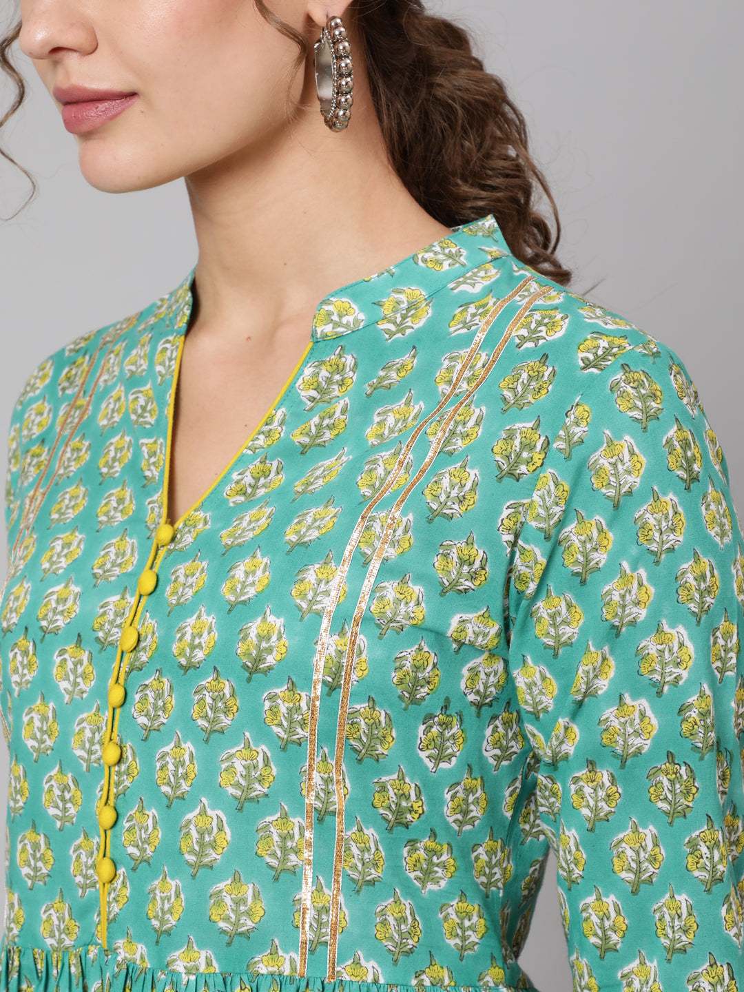 Cotton Printed Round Neck 3/4 Sleeve Flared Ankle Length Ethnic Kurta