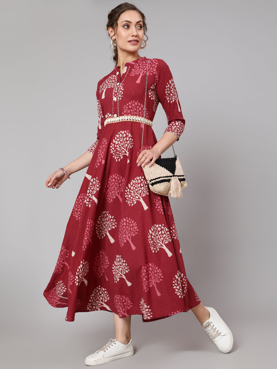 Cotton Printed Mandarin Neck 3/4 Sleeve Flared Ankle Length Ethnic Kurta