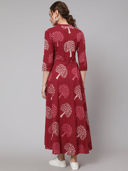 Cotton Printed Mandarin Neck 3/4 Sleeve Flared Ankle Length Ethnic Kurta