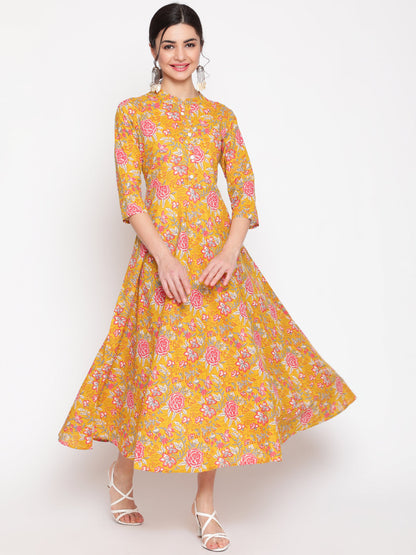 Cotton Printed Mandarin Neck 3/4 Sleeve Anarkali Ankle Length Ethnic Kurta