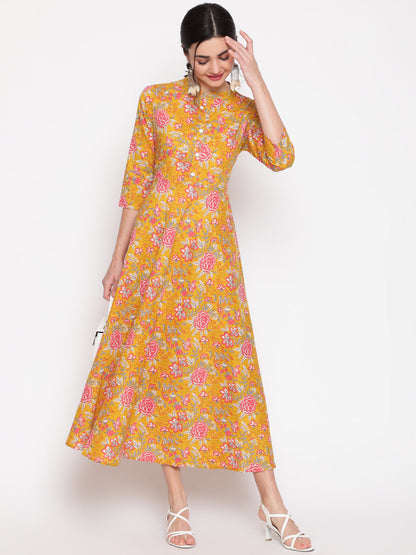 Cotton Printed Mandarin Neck 3/4 Sleeve Anarkali Ankle Length Ethnic Kurta