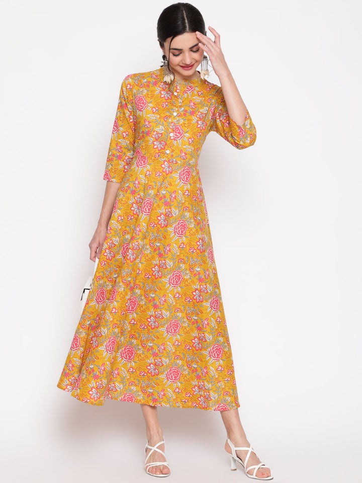 Cotton Printed Mandarin Neck 3/4 Sleeve Anarkali Ankle Length Ethnic Kurta