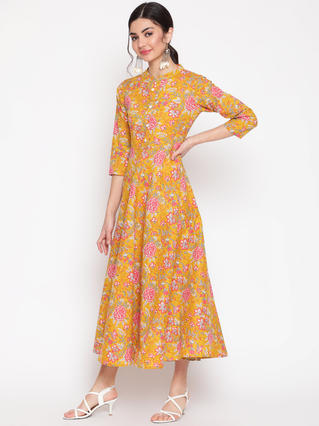 Cotton Printed Mandarin Neck 3/4 Sleeve Anarkali Ankle Length Ethnic Kurta