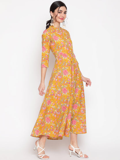 Cotton Printed Mandarin Neck 3/4 Sleeve Anarkali Ankle Length Ethnic Kurta