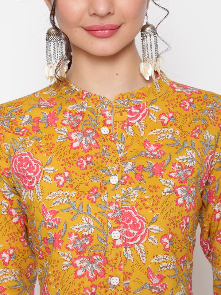Cotton Printed Mandarin Neck 3/4 Sleeve Anarkali Ankle Length Ethnic Kurta