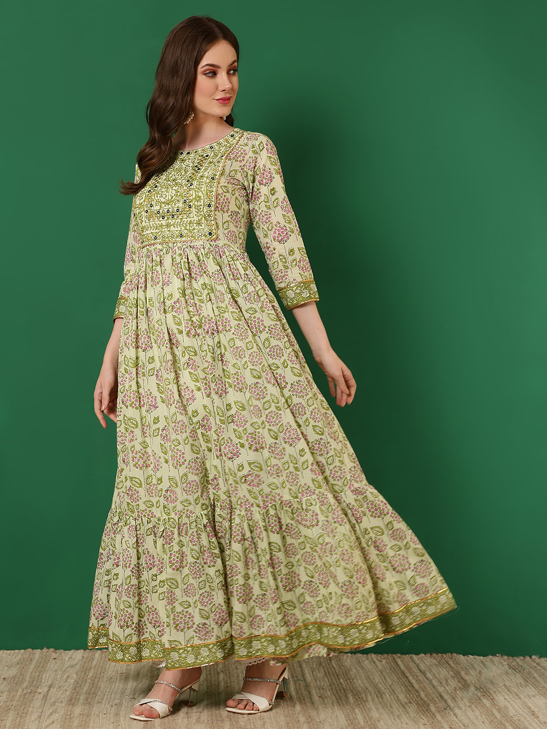 Cotton Printed Embroidered Ankle Length 3/4 Sleeve Round Neck Tiered Kurta
