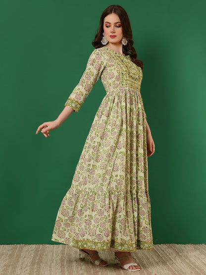 Cotton Printed Embroidered Ankle Length 3/4 Sleeve Round Neck Tiered Kurta