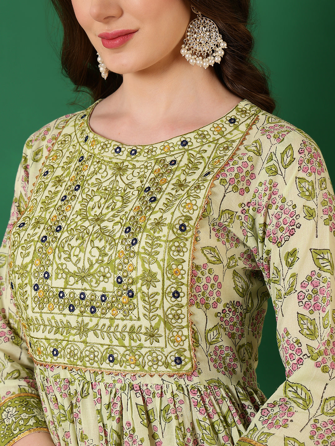 Cotton Printed Embroidered Ankle Length 3/4 Sleeve Round Neck Tiered Kurta